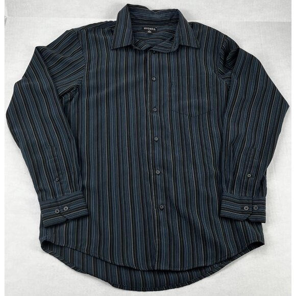 George Shirt Mens Medium Black Blue Striped Button Down Long Sleeve Dress Casual - Picture 1 of 7